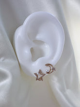 Load image into Gallery viewer, 14K Gold Moon Star Stud Earrings: CZ Pave &amp; Pearl Celestial Jewelry