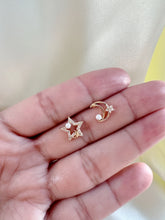 Load image into Gallery viewer, 14K Gold Moon Star Stud Earrings: CZ Pave &amp; Pearl Celestial Jewelry
