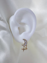 Load image into Gallery viewer, Gold Crescent Moon Opal Earrings: Celestial Star Dangle