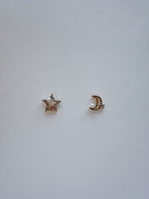 Load image into Gallery viewer, 14K Gold Moon Star Stud Earrings: CZ Pave &amp; Pearl Celestial Jewelry