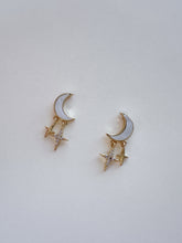 Load image into Gallery viewer, Gold Crescent Moon Opal Earrings: Celestial Star Dangle
