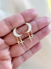 Load image into Gallery viewer, Gold Crescent Moon Opal Earrings: Celestial Star Dangle