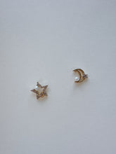 Load image into Gallery viewer, 14K Gold Moon Star Stud Earrings: CZ Pave &amp; Pearl Celestial Jewelry