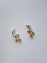 Load image into Gallery viewer, Gold Crescent Moon Opal Earrings: Celestial Star Dangle