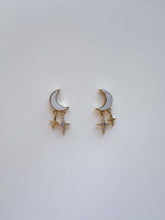 Load image into Gallery viewer, Gold Crescent Moon Opal Earrings: Celestial Star Dangle