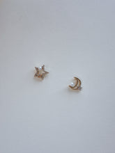 Load image into Gallery viewer, 14K Gold Moon Star Stud Earrings: CZ Pave &amp; Pearl Celestial Jewelry